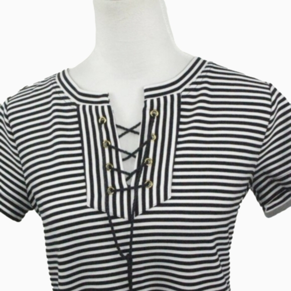 Cabi Nautical Stripe Lace Up Neckline Short Sleeve Dress Size Small - Picture 2 of 7
